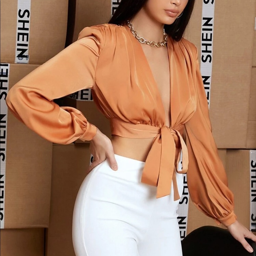 SHEIN puff sleeve tie front top